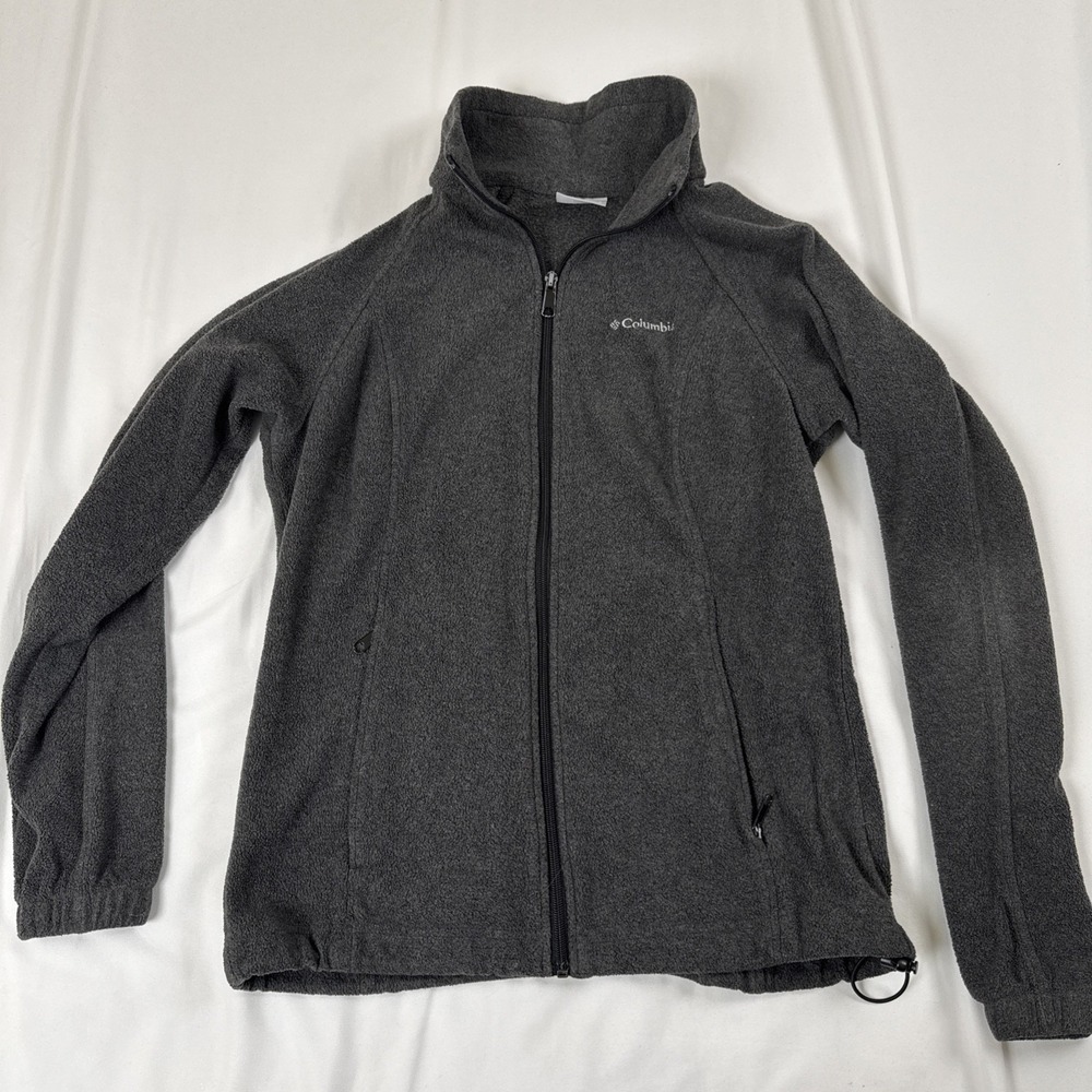 Columbia Womens Fleece Lined Jacket S Gray Zip Up Pockets Mock Neck Chest Logo